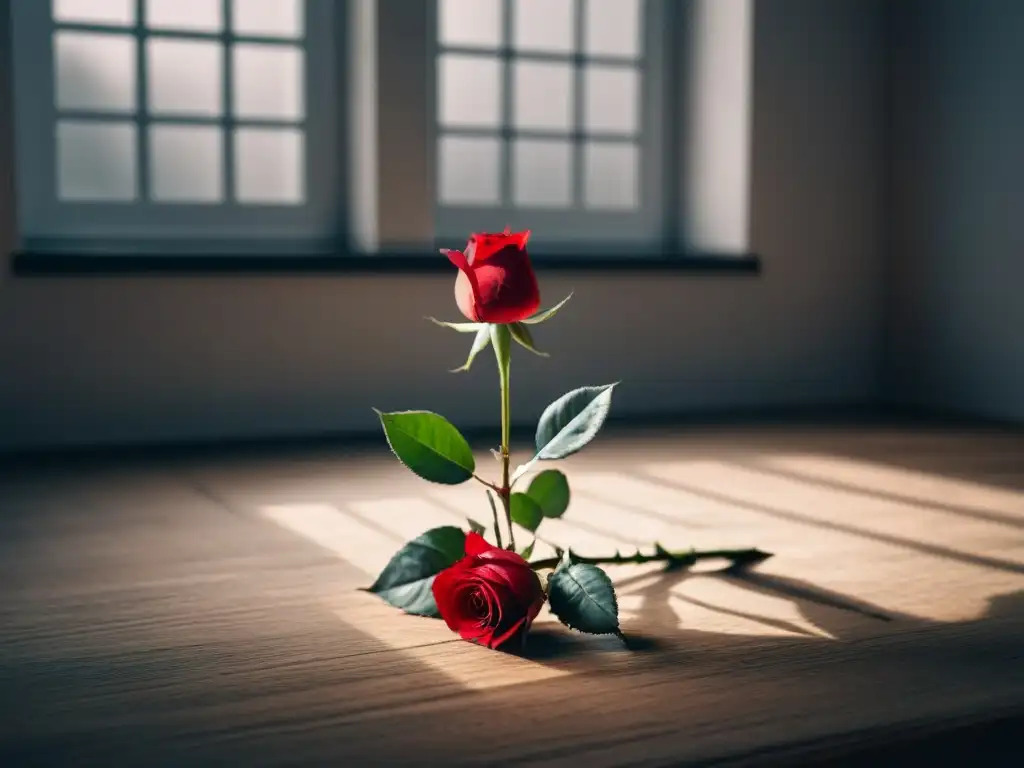 Una rosa roja solitaria florece en una habitación vacía, iluminada por la suave luz natural