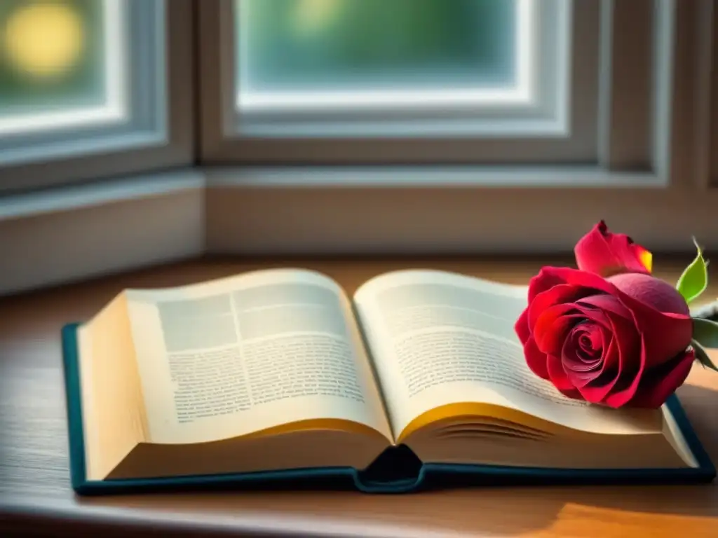 Una rosa roja solitaria sobre una página en blanco de un libro de poesía, con luz natural filtrándose por la ventana