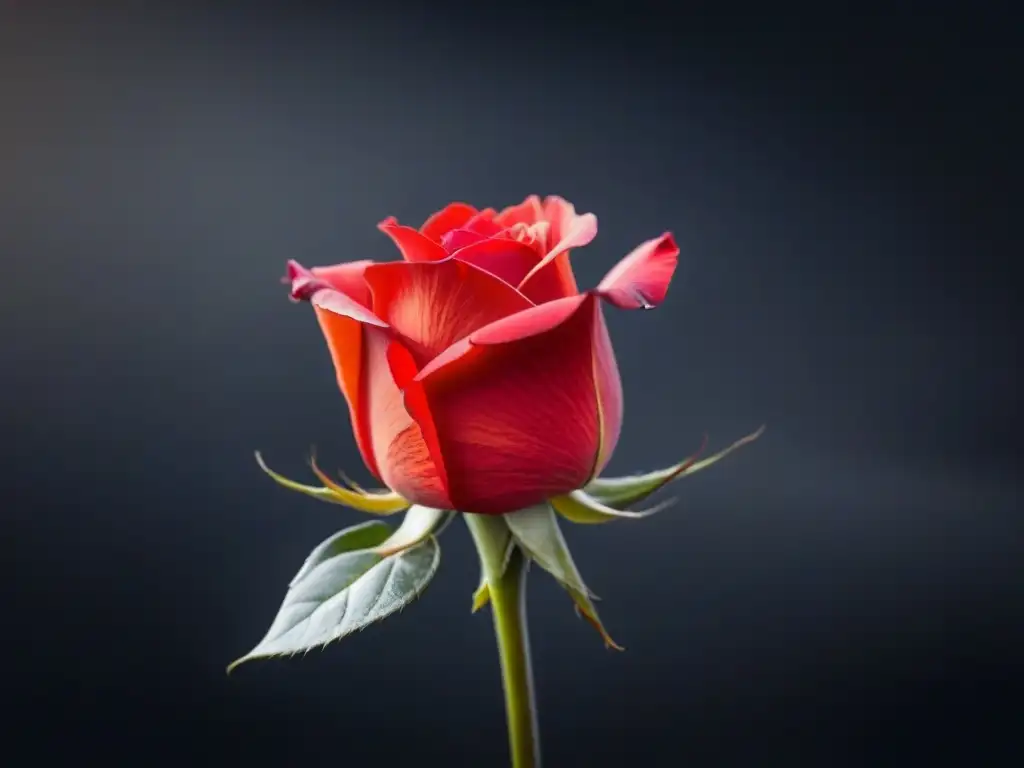 Una rosa roja solitaria en plena floración, destacando contra un fondo negro intenso