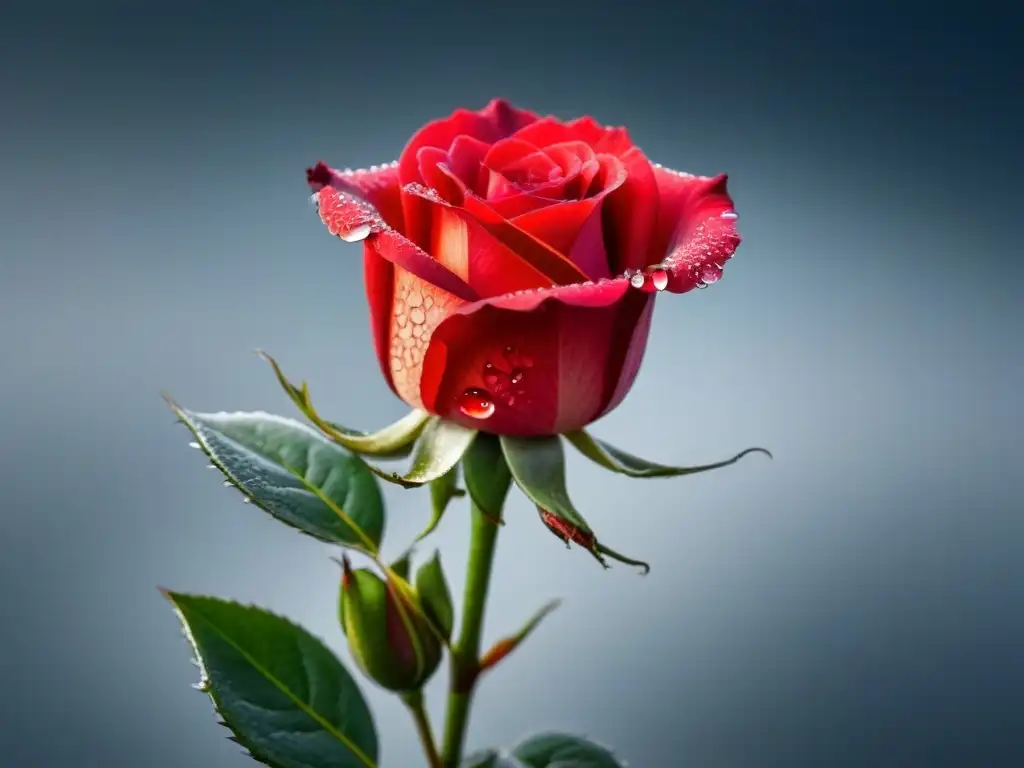 Una rosa roja en solitario, con rocío en sus pétalos, resaltando la belleza delicada de la sinécdoque en poesía lírica