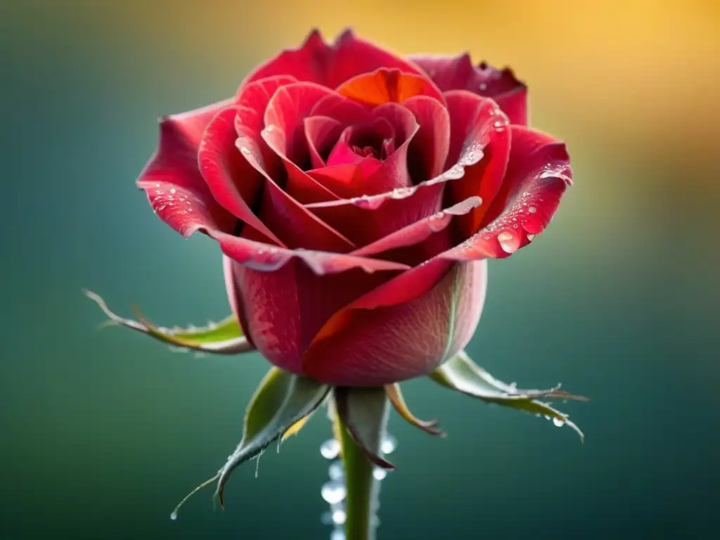 Una rosa roja suspendida en el aire, con pétalos delicados y gotas de agua, en una poesía visual de contrastes y texturas