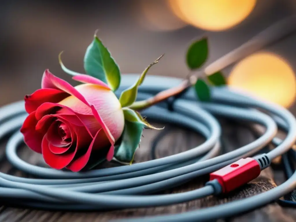 Un rojo clavel florece entre cables enredados, simbolizando la poesía como herramienta transformadora