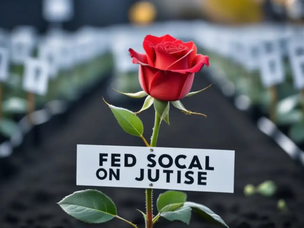 Un rojo rosa florece entre pancartas en blanco y negro con impacto de la poesía en movimientos sociales