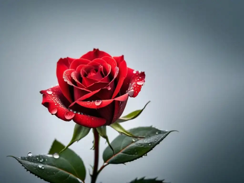 Un rojo rosal en flor, con gotas de agua brillantes, evoca la lírica y transformación de Benjamin Péret