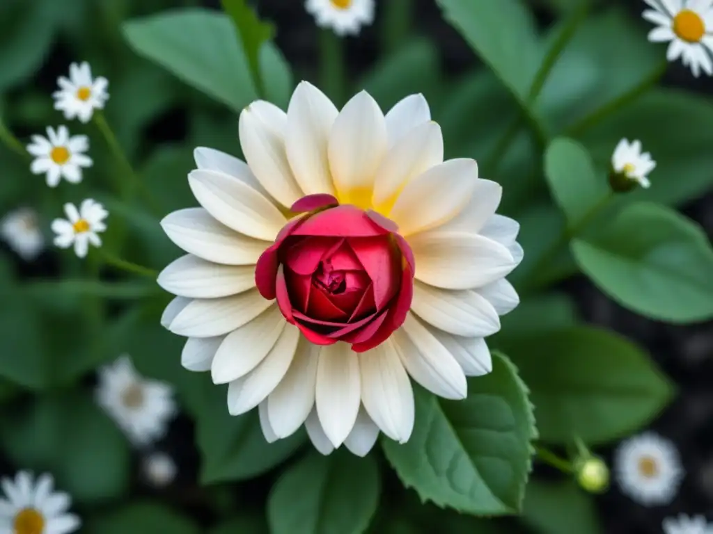 Un rojo rosal destaca entre margaritas blanco y negro, simbolizando transformación personal con versos transformadores poesía personal