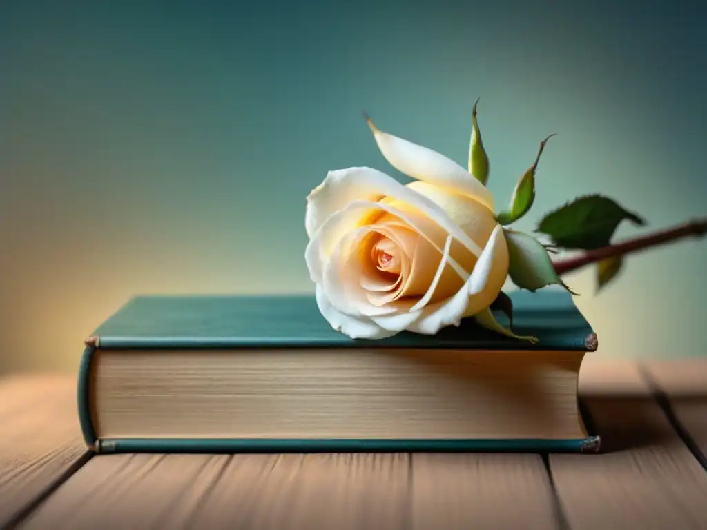 Elegante rosa blanca en libros antiguos Una rosa blanca y libros antiguos desgastados, alusión en la poesía profunda