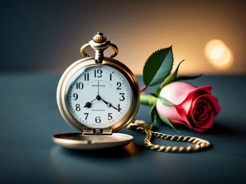 Una rosa delicada entrelazada con un reloj de bolsillo vintage en blanco y negro, simbolizando la belleza atemporal y profundidad emocional explorada en la poesía romántica