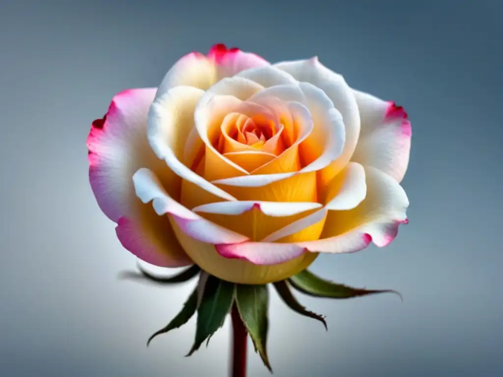 Rosa en flor: delicadeza y verdad en contraste Una rosa delicada y floreciente en tonos suaves, sobre fondo blanco, mostrando la belleza y la verdad en un eufemismo lírico en poesía