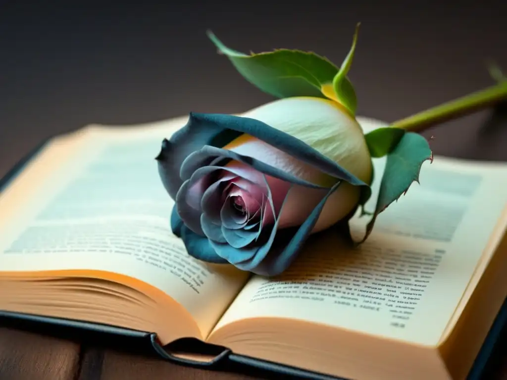 Una rosa delicada sobre un libro antiguo, con luz natural y sombra suave, evocando la poesía transformadora emociones despertar