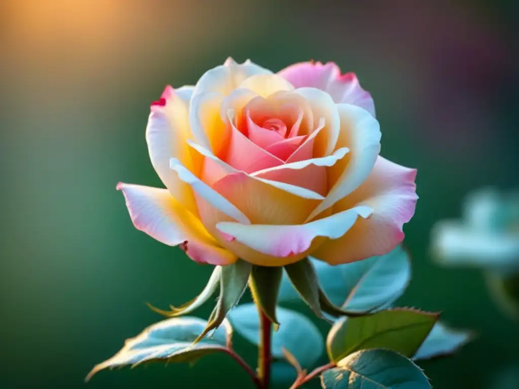 Rosa en flor: Belleza poética en delicados tonos pastel Una rosa delicada en su plenitud, iluminada por una luz cálida y etérea