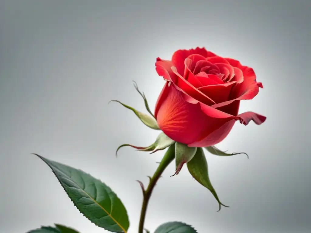 Una rosa delicada en rojo vibrante sobre fondo blanco, muestra la poesía lírica de la belleza transformadora de la naturaleza