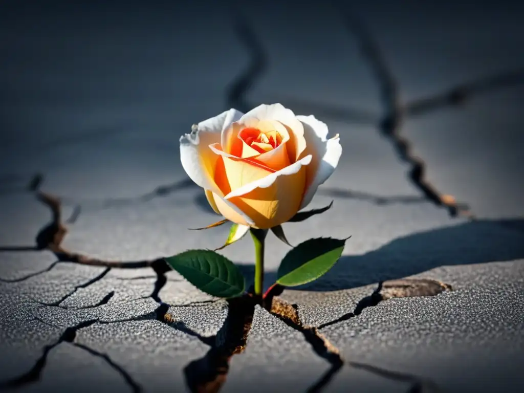 Una rosa delicada crece de una superficie agrietada, simbolizando la transformación del dolor en belleza, papel del sufrimiento en poesía