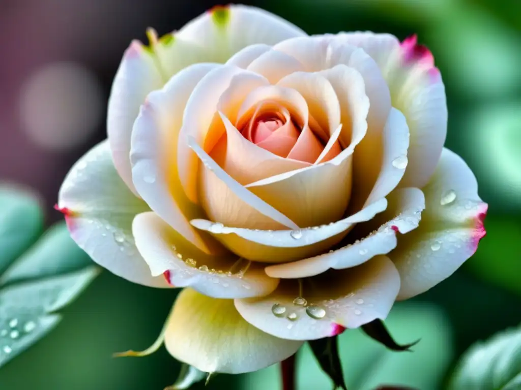 Una rosa en extrema cercanía, con gotas de rocío cristalinas