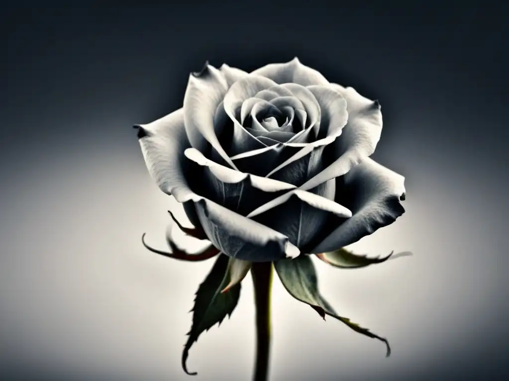 Una rosa marchita en blanco y negro, simbolizando decadencia y belleza, conectando con el tema de 'Las Flores del Mal'