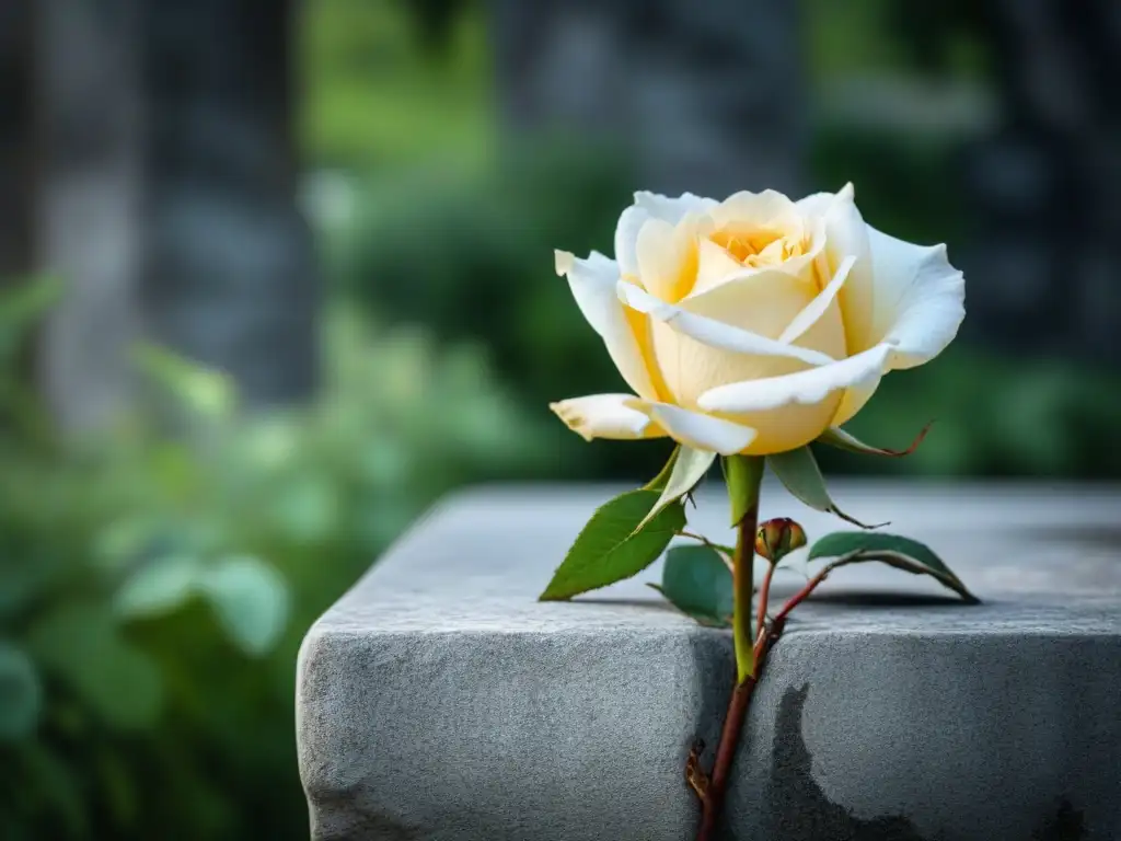 Una rosa marchita reposa sobre una estatua antigua en un jardín, mostrando la poesía de la naturaleza muerta