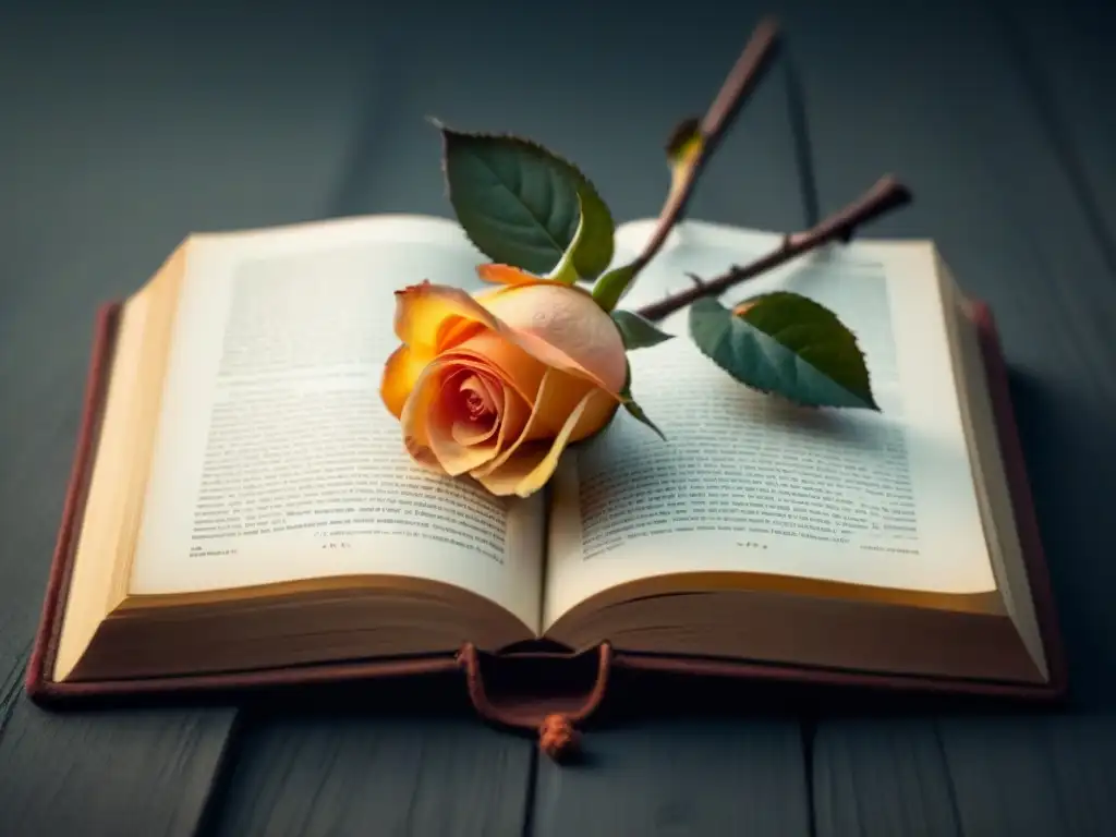 Una rosa marchita sobre un libro abierto, fusionando decadencia y belleza en la estética de la poesía lírica