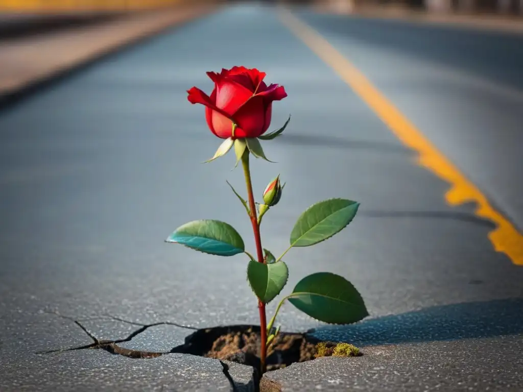 Una rosa roja brota de una acera agrietada, simbolizando la transformación y la belleza emergiendo de circunstancias difíciles