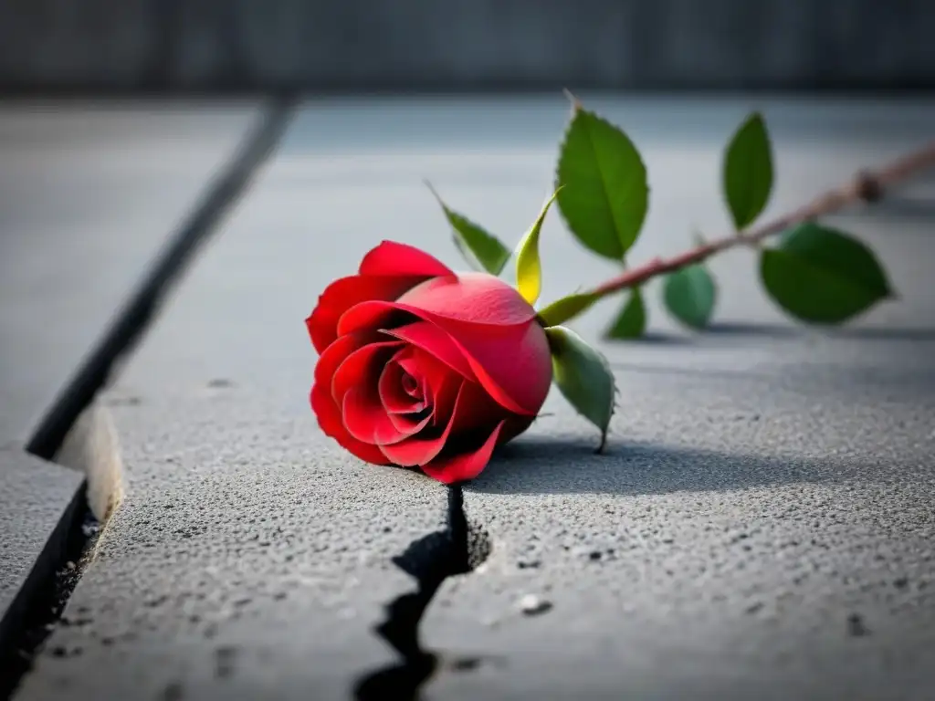 Rosa roja brotando en concreto: resiliencia y belleza Una rosa roja brota de una grieta en el concreto, simbolizando transformación social a través de la poesía