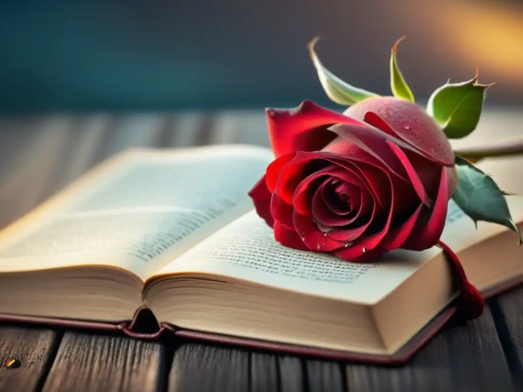 Una rosa roja marchita sobre un libro de poesía antiguo, evocando la belleza eterna de las palabras poéticas