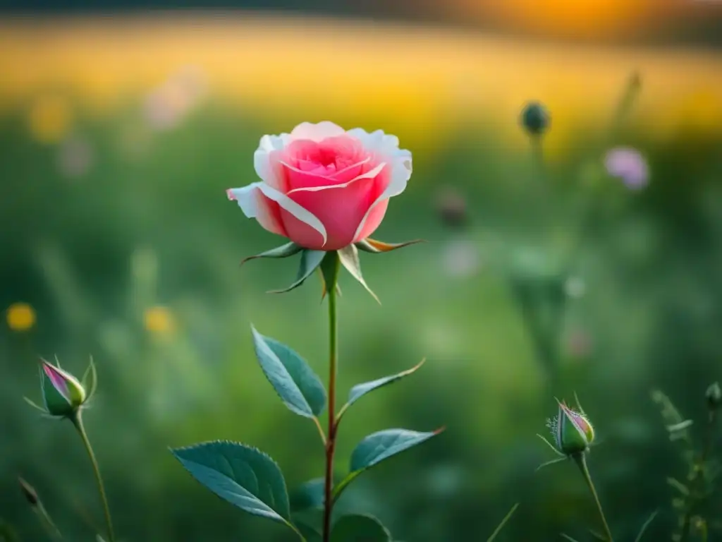 Una rosa solitaria destaca entre un campo de flores silvestres, desafiando normas con su poesía visual y única belleza