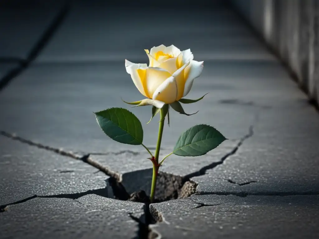 Una rosa solitaria crece en el concreto agrietado, simbolizando la resiliencia y la belleza emergiendo de la adversidad