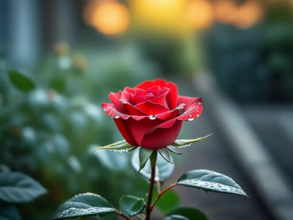 Un rosal rojo con gotas de rocío en sus pétalos, en un jardín tranquilo al amanecer