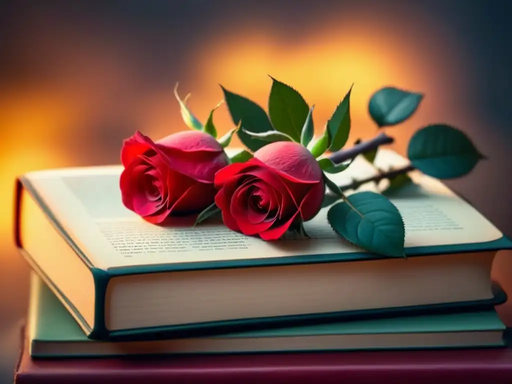 Dos rosas rojas entrelazadas sobre libros de poesía, evocando elegancia y romance para 'Poemas de amor conmovedores'