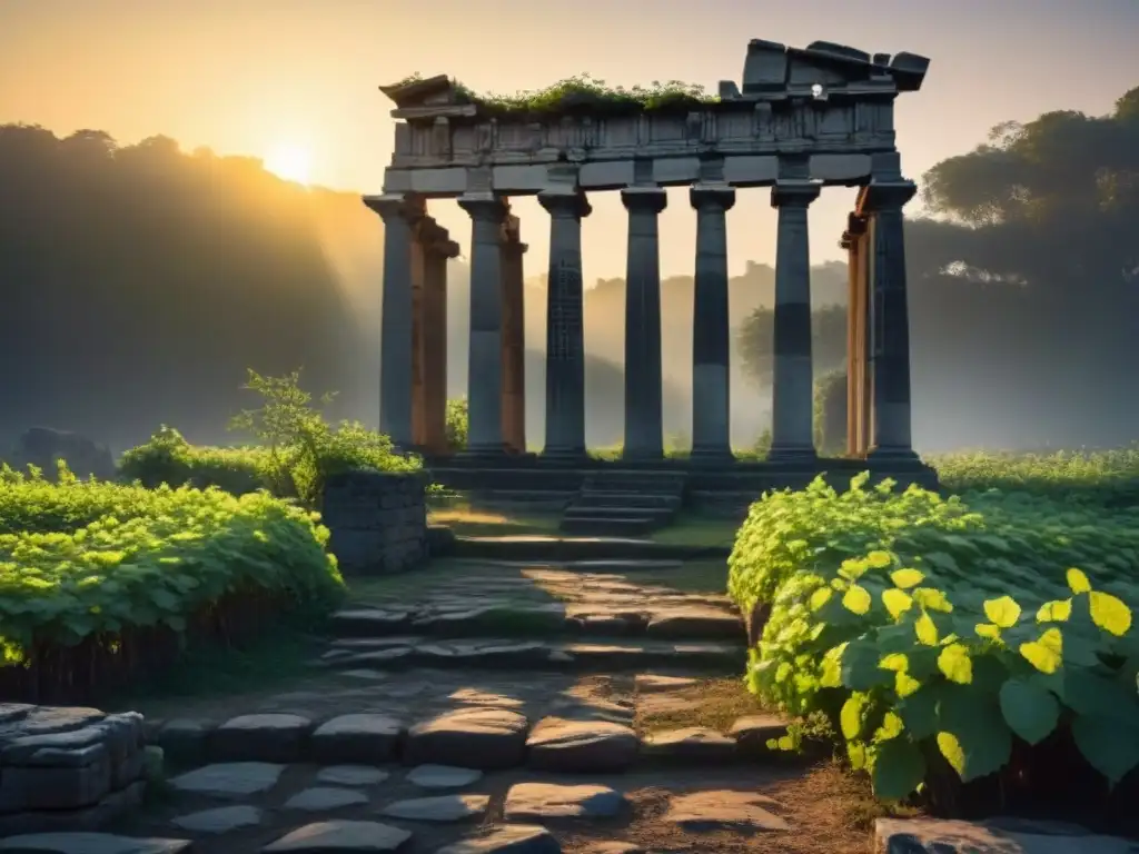 Ruinas antiguas: belleza en la decadencia al atardecer Ruinas ancestrales cubiertas de enredaderas, con una columna decrepita en contraste con el sol poniente