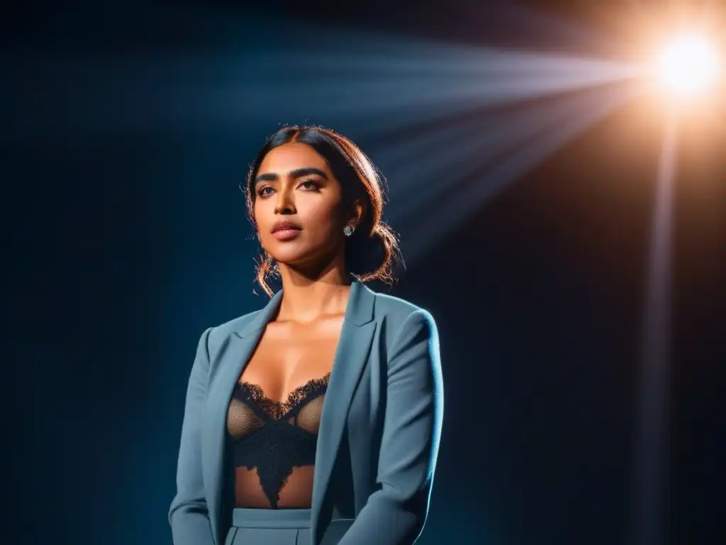 Rupi Kaur en el escenario, iluminada por un foco, con los ojos cerrados y sosteniendo un micrófono, destacando su impacto como poeta