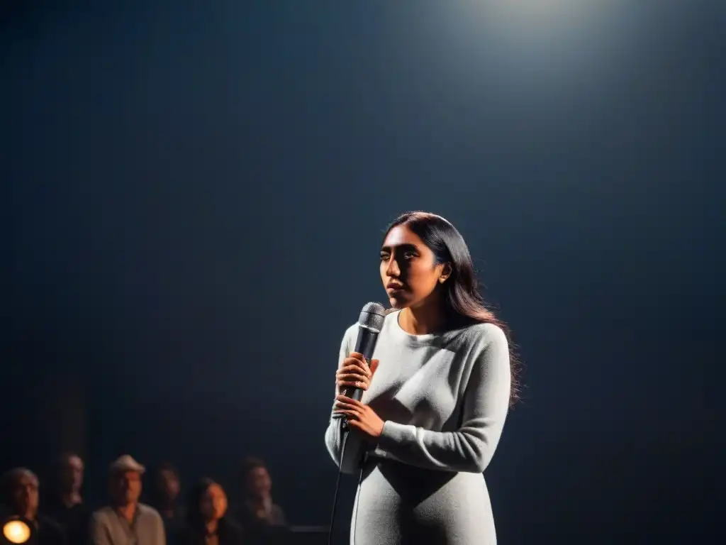 Rupi Kaur en el escenario, lista para su impacto performance poético en blanco y negro