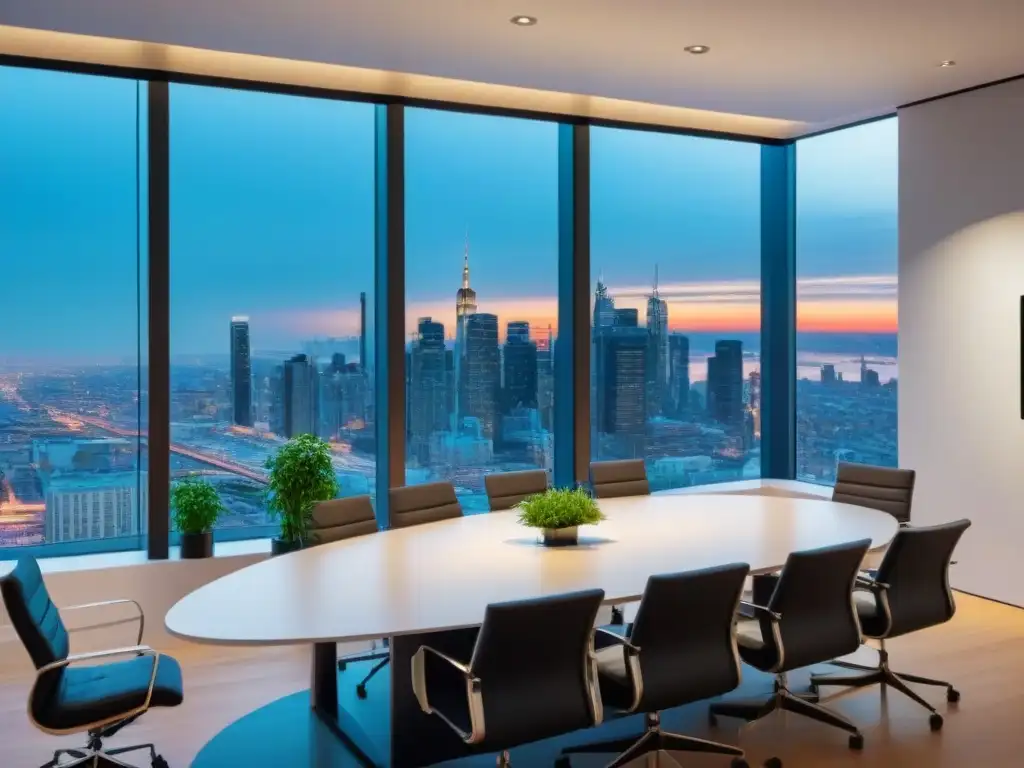 Una sala de juntas moderna con vista a la ciudad al anochecer, donde la poesía lírica transforma palabras en el mercado