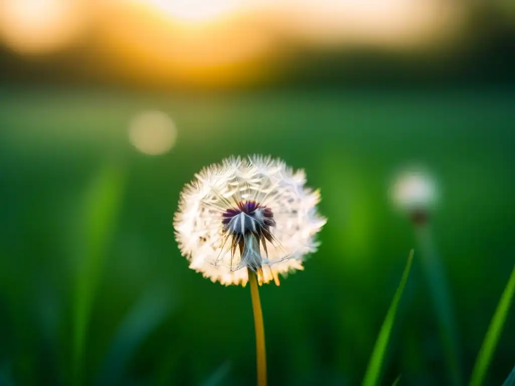 Semilla de diente de león flotando en el aire, luz dorada sobre prado tranquilo