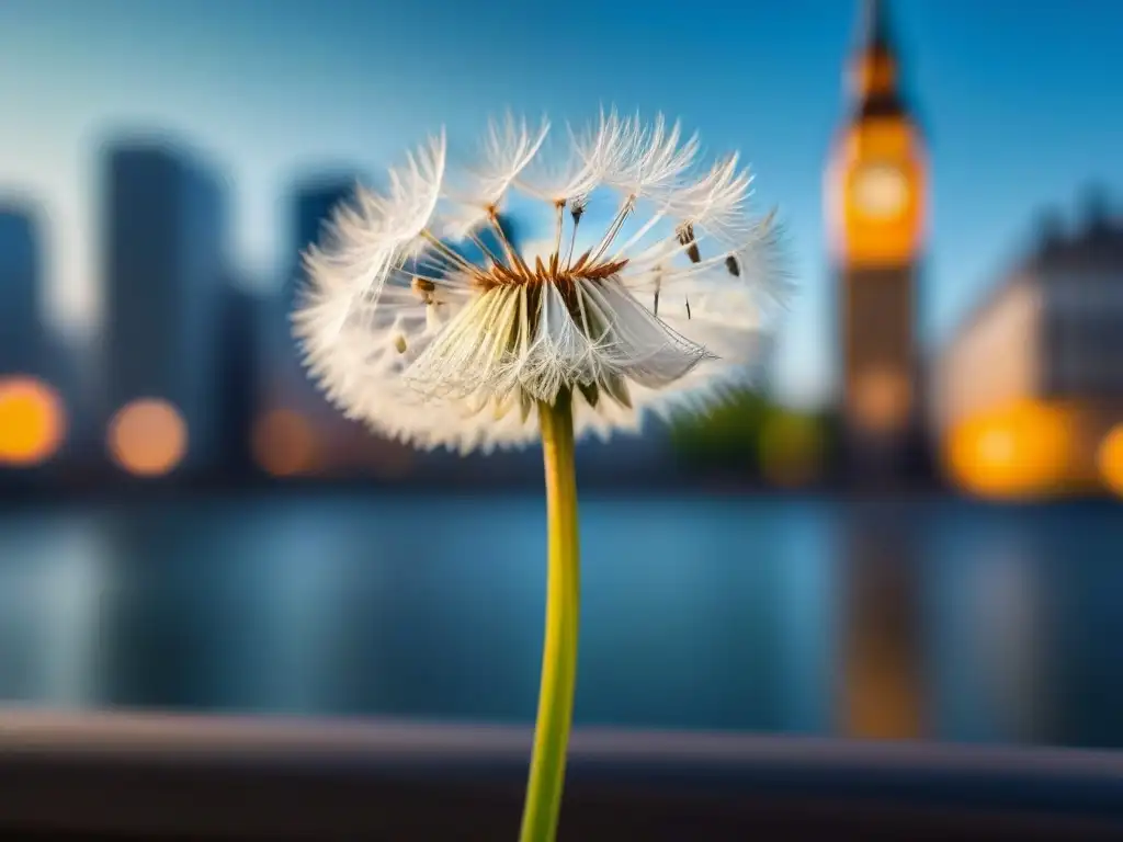 La semilla de diente de león blanca flota en el aire, simbolizando el poder transformador de la poesía sobre la ciudad