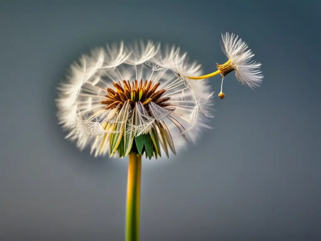 La semilla de diente de león flota delicadamente en un fondo blanco, transmitiendo la esencia de la poesía visual minimalista transformadora