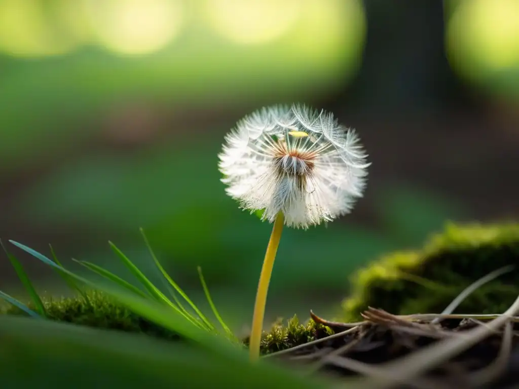 Semilla de diente de león solitaria flotando en un bosque iluminado por el sol, creando metáforas vivas en poesía