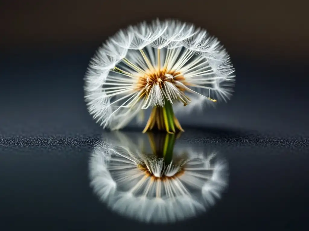 Semilla de diente de león reposando en superficie reflectante, evocando el poder transformador de la poesía en la sociedad