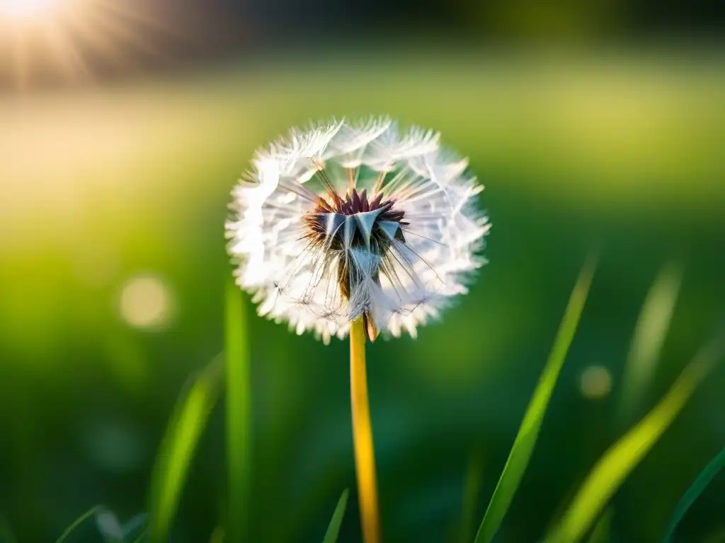 Semillas de diente de león flotando en el aire, capturando la importancia de la naturaleza con poesía al estilo Wordsworth