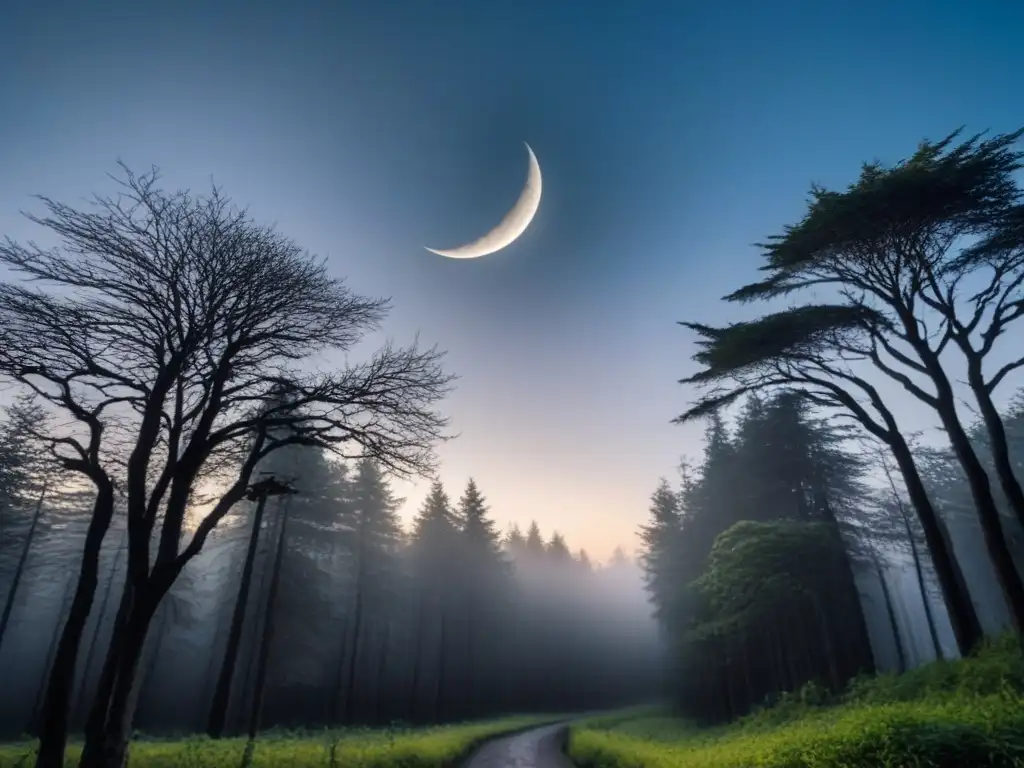 Un sendero iluminado por la luna creciente entre árboles oscuros, evocando poesía nocturna y susurros crepúsculo