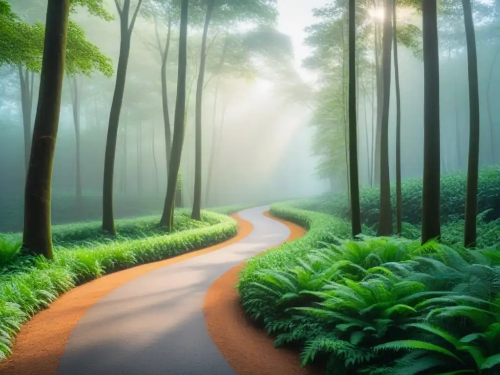 Un sendero sereno en el bosque, con luz filtrándose entre los árboles