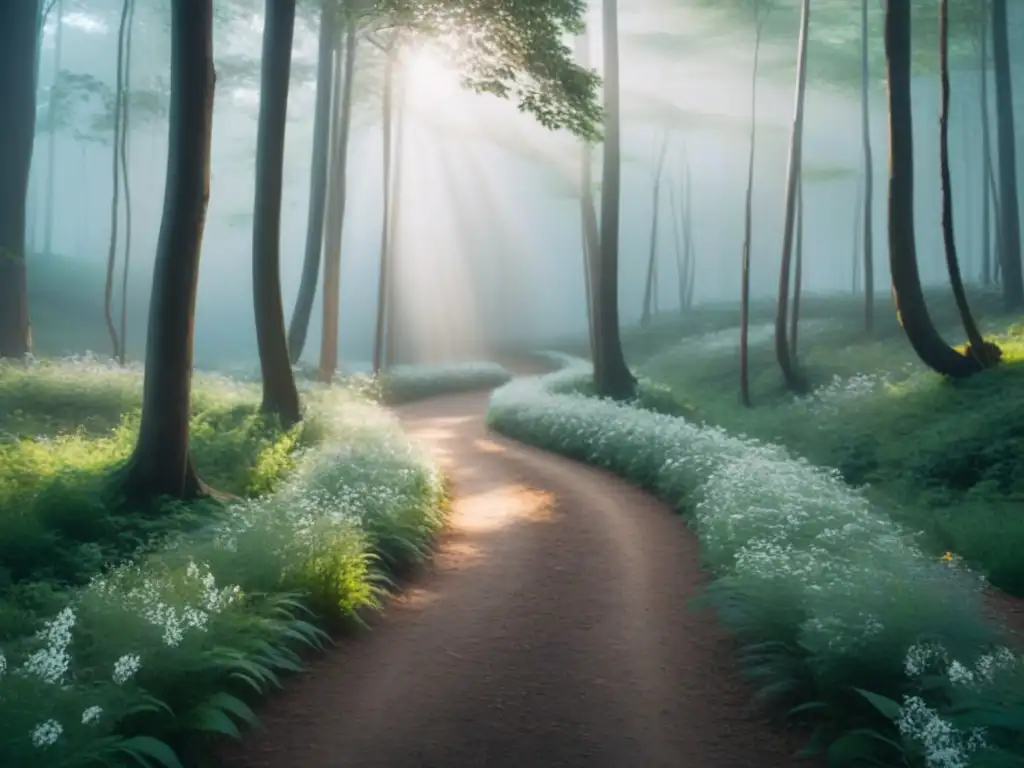 Un sendero serpenteante en un bosque denso, con luz solar filtrándose entre las ramas