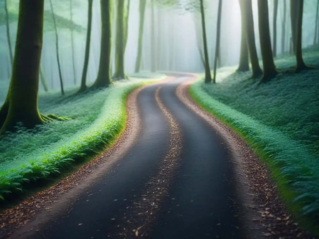 Un sendero solitario serpentea entre un frondoso bosque verde, con luz filtrándose entre las hojas