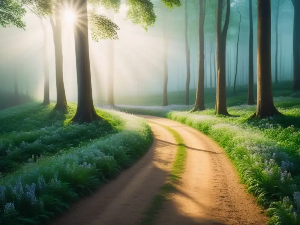 Un sendero solitario serpentea por un frondoso bosque verde, con luz filtrándose entre las hojas y creando un efecto moteado en el suelo