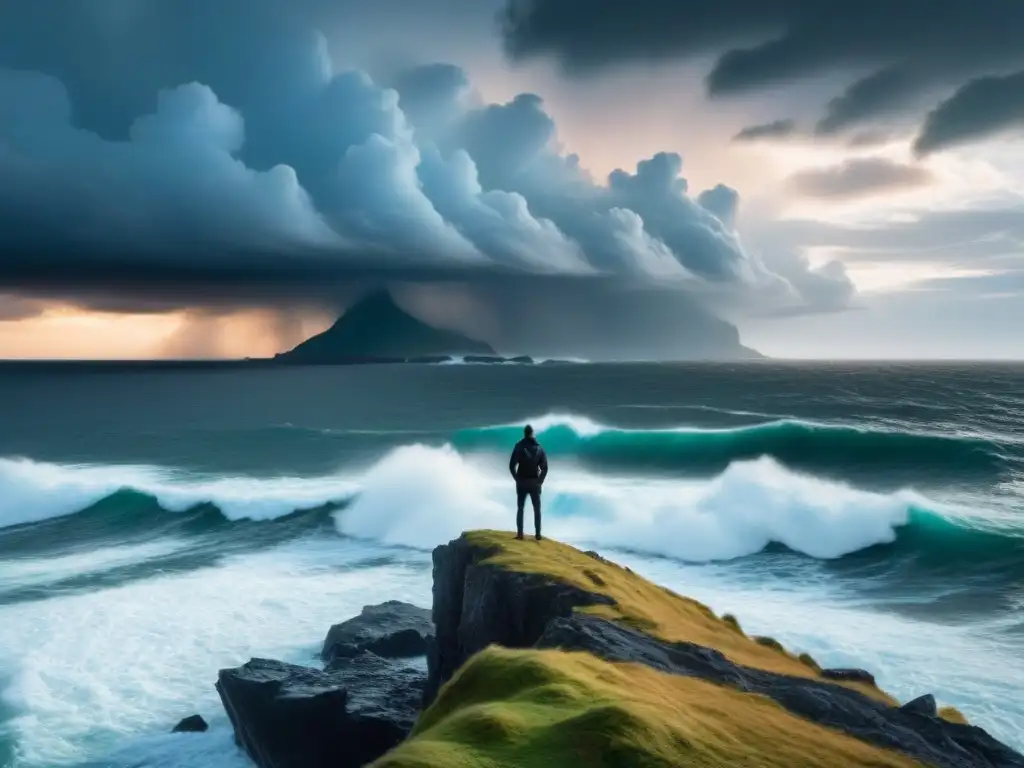 Un ser solitario en un acantilado, contemplando el mar turbulento bajo nubes tormentosas, reflejando el impacto transformador de la poesía