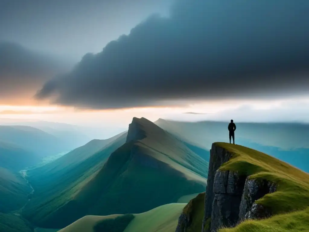 Un ser solitario contempla el amanecer en un acantilado montañoso envuelto en niebla