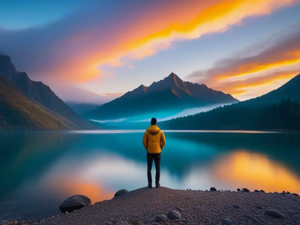 Un ser solitario contempla el atardecer en un lago rodeado de montañas, simbolizando la transformación a través de la poesía