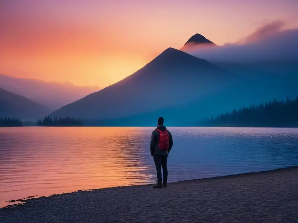 Un ser solitario se alza ante un atardecer vibrante sobre un lago tranquilo, reflejando tonos cálidos