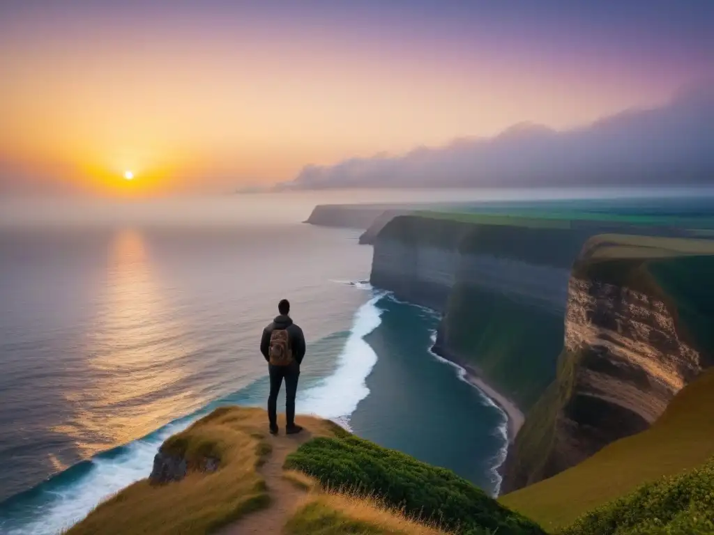 Un ser solitario en el borde de un acantilado, contemplando un océano brillante al atardecer, bajo una luz dorada