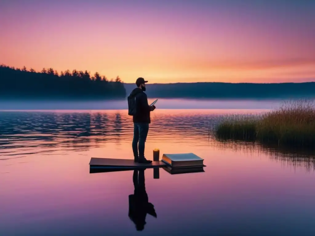 Un ser solitario al borde de un lago tranquilo al atardecer, con un libro en mano, reflejándose en el agua