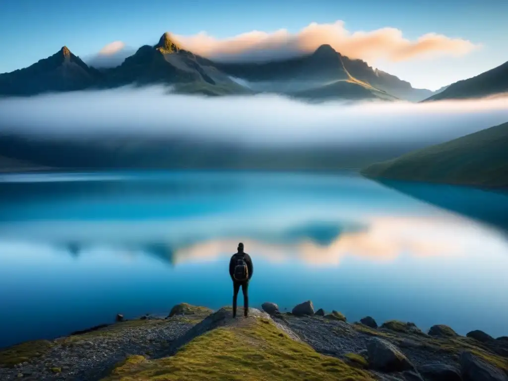 Un ser solitario en el borde de un lago sereno, reflejando el cielo azul, simbolizando poesía personal transformadora universal