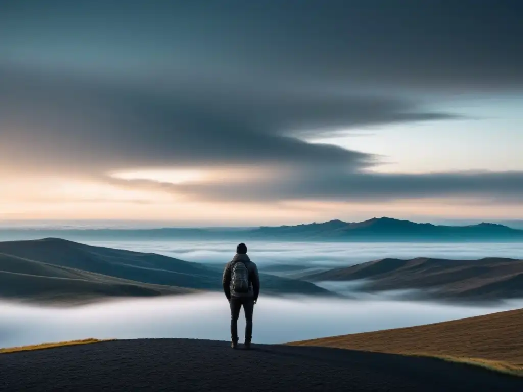 Un ser solitario contempla un cielo abstracto en una vasta llanura, reflejando la identidad personal en poesía